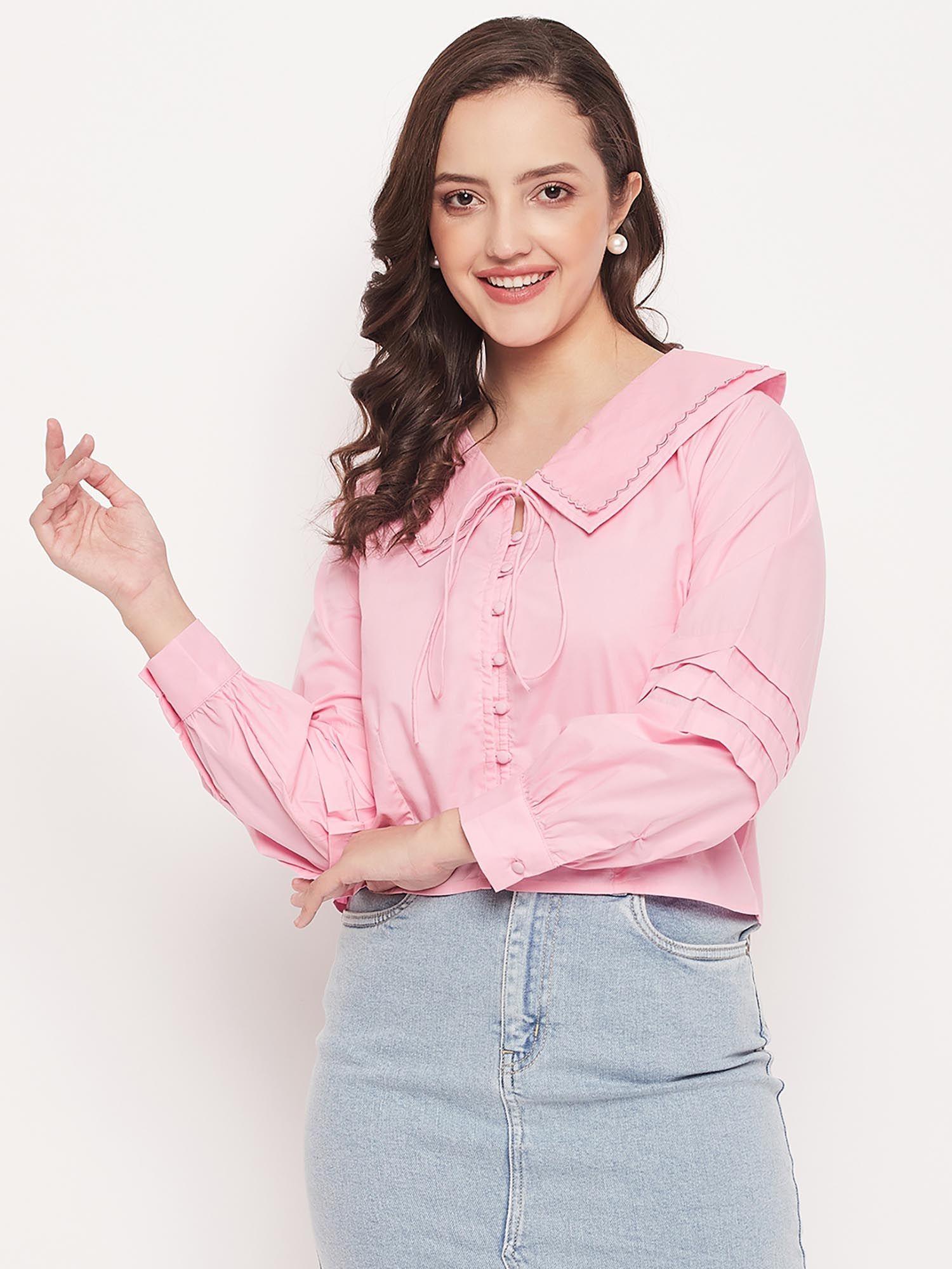 peter pan collar baby pink tie-up neck shirt