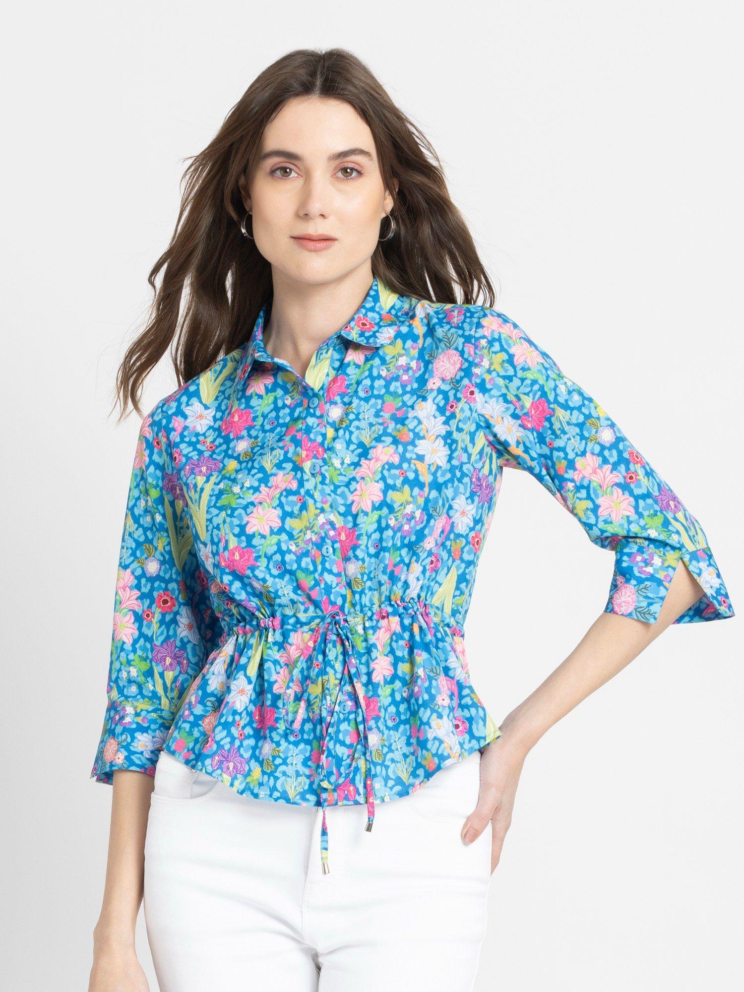 peter pan collar blue floral print three-quarter sleeves casual shirt for women