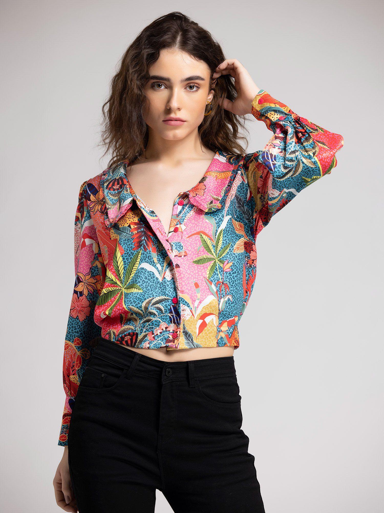 peter pan collar multicolour printed satin long sleeves crop length casual shirt