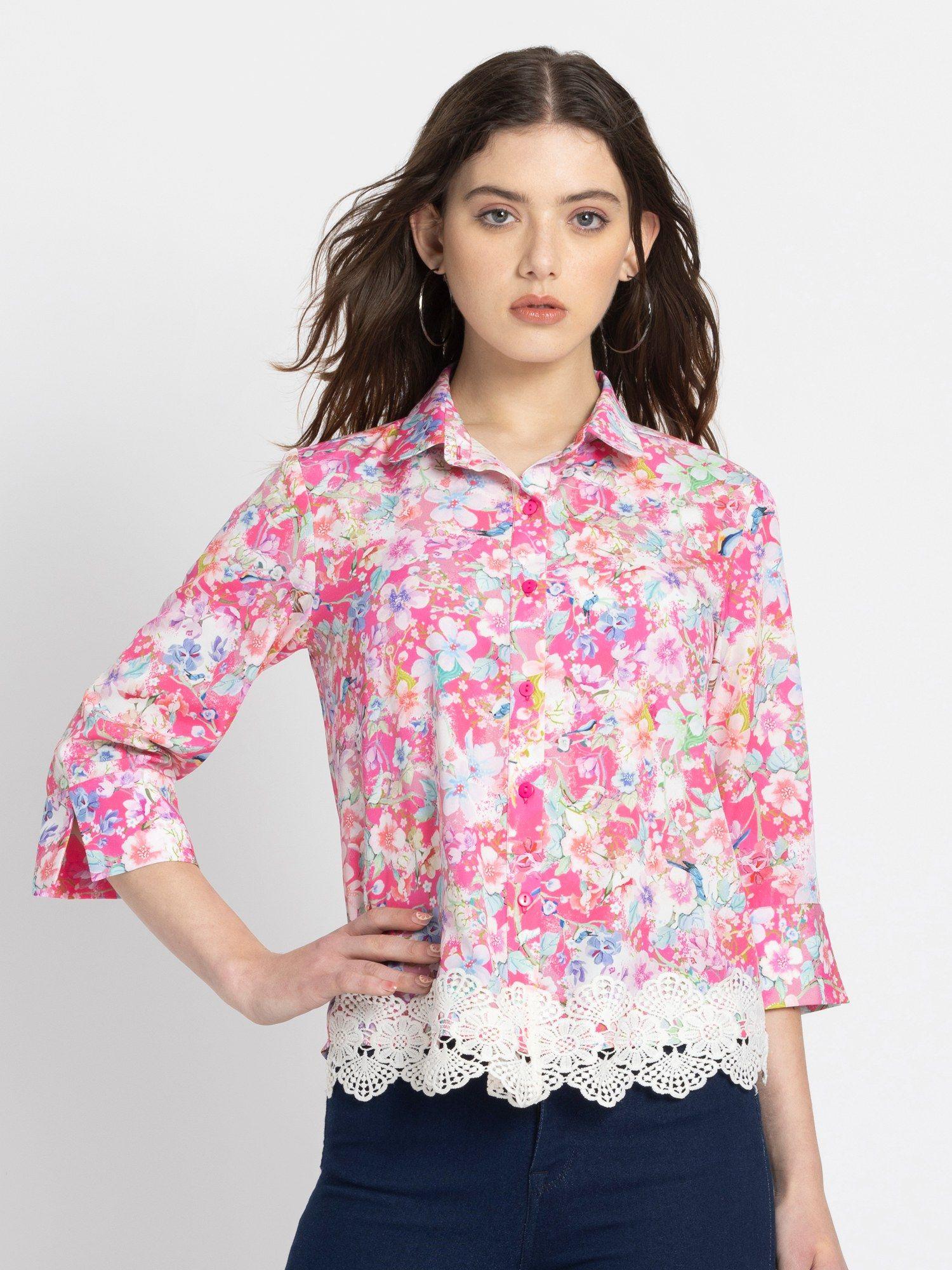 peter pan collar pink floral print three-quarter sleeves casual shirt for women