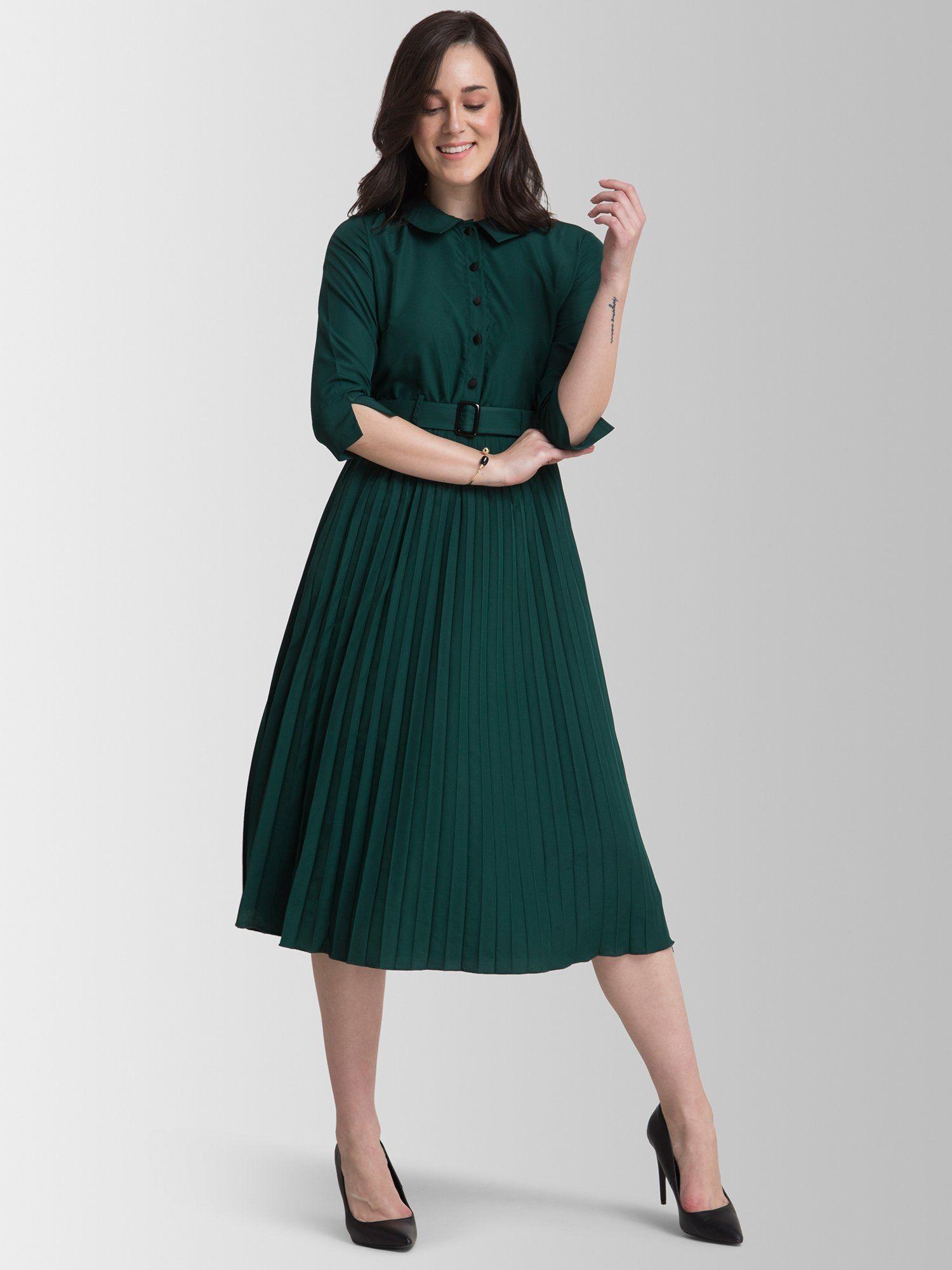 peter pan collar pleated a line dress - green