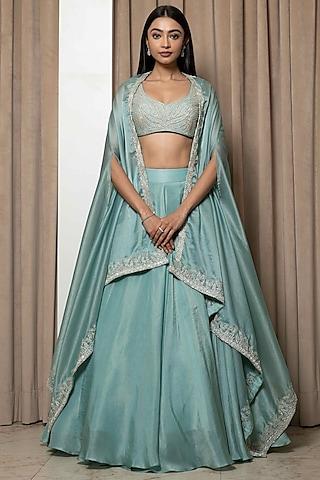 petit blue tissu silk & satin embroidered jacket lehenga set