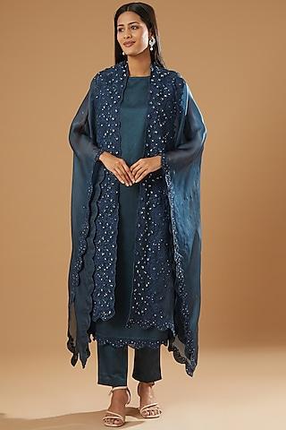 petrol blue embroidered cape set