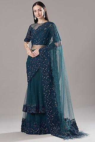 petrol blue embroidered saree set