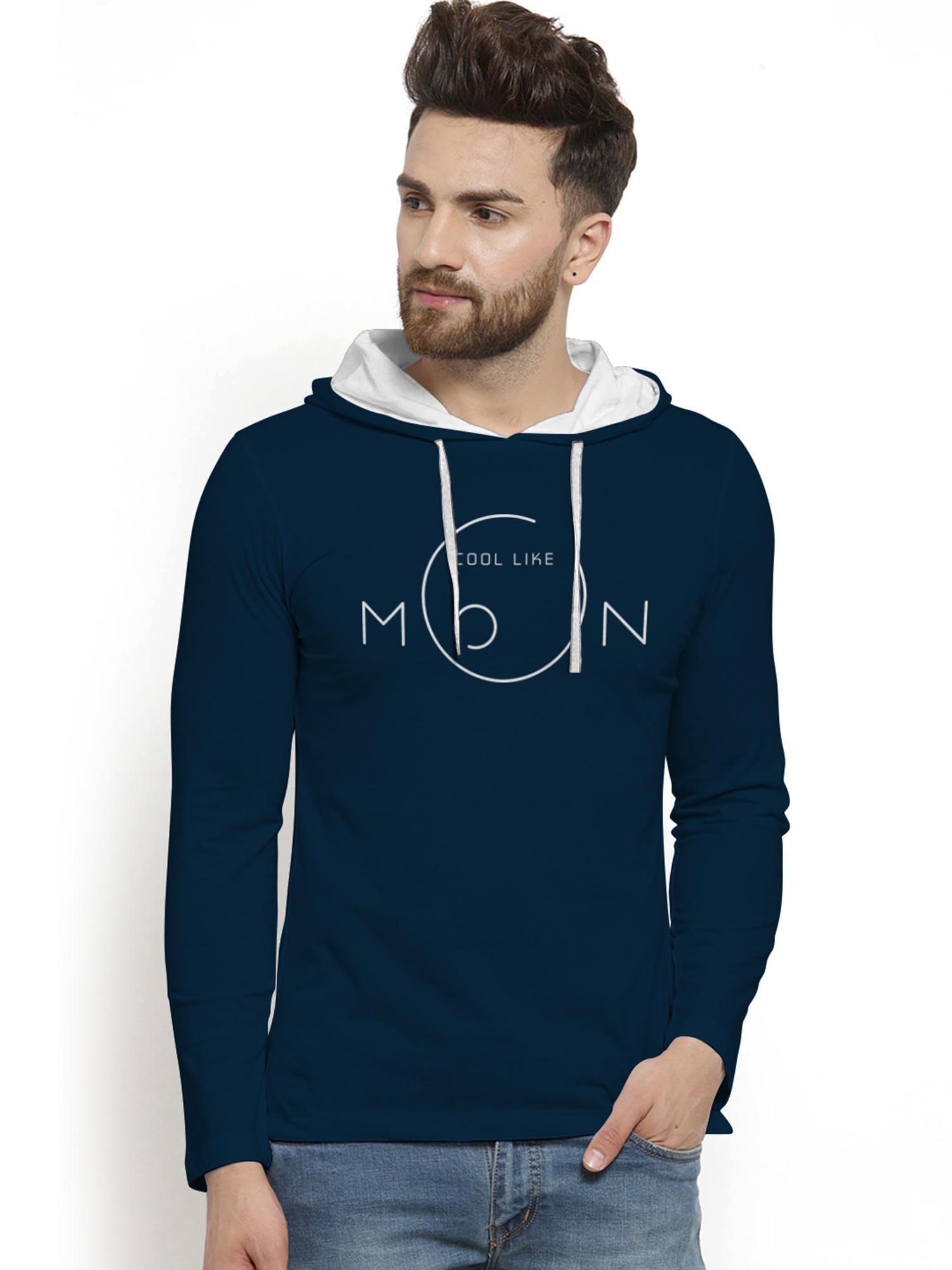 petrol blue trendy printed hooded t-shirt for men