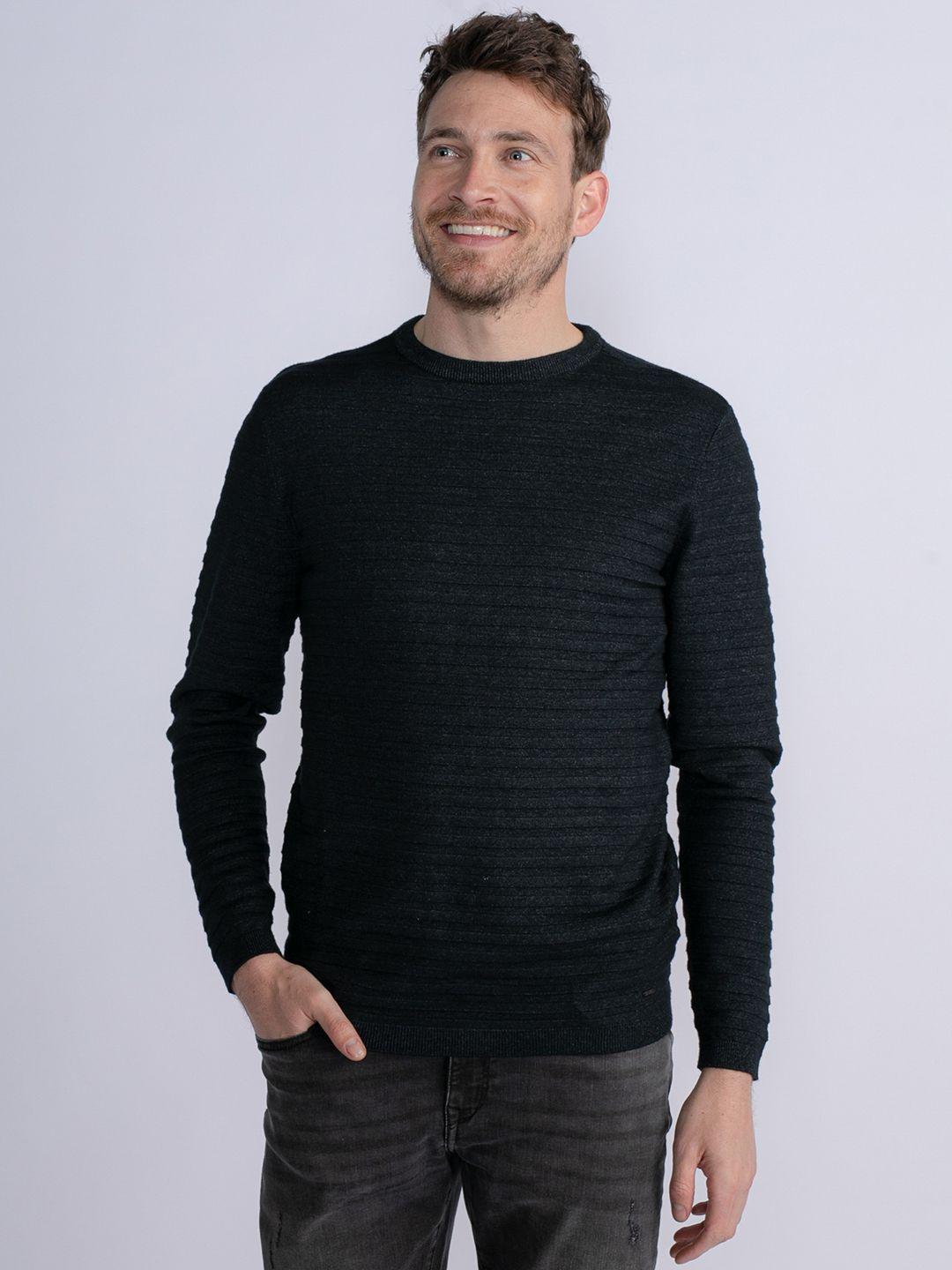 petrol self-striped round-neck regular fit pullover