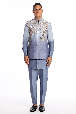 pewter blue raw silk embellished kurta set