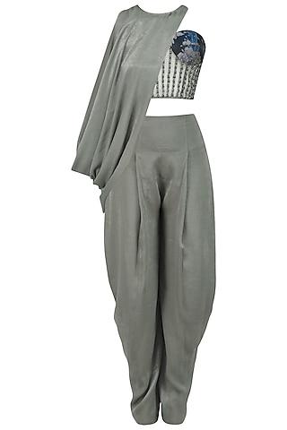 pewter grey cowled top with corset and draped pants