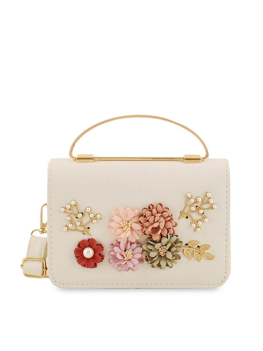 pez dorado beige floral embellished structured sling bag