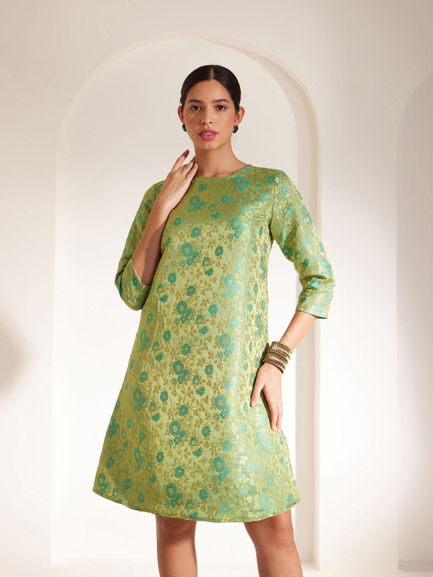 pf x fs brocade boat neck shift knee length dress - green