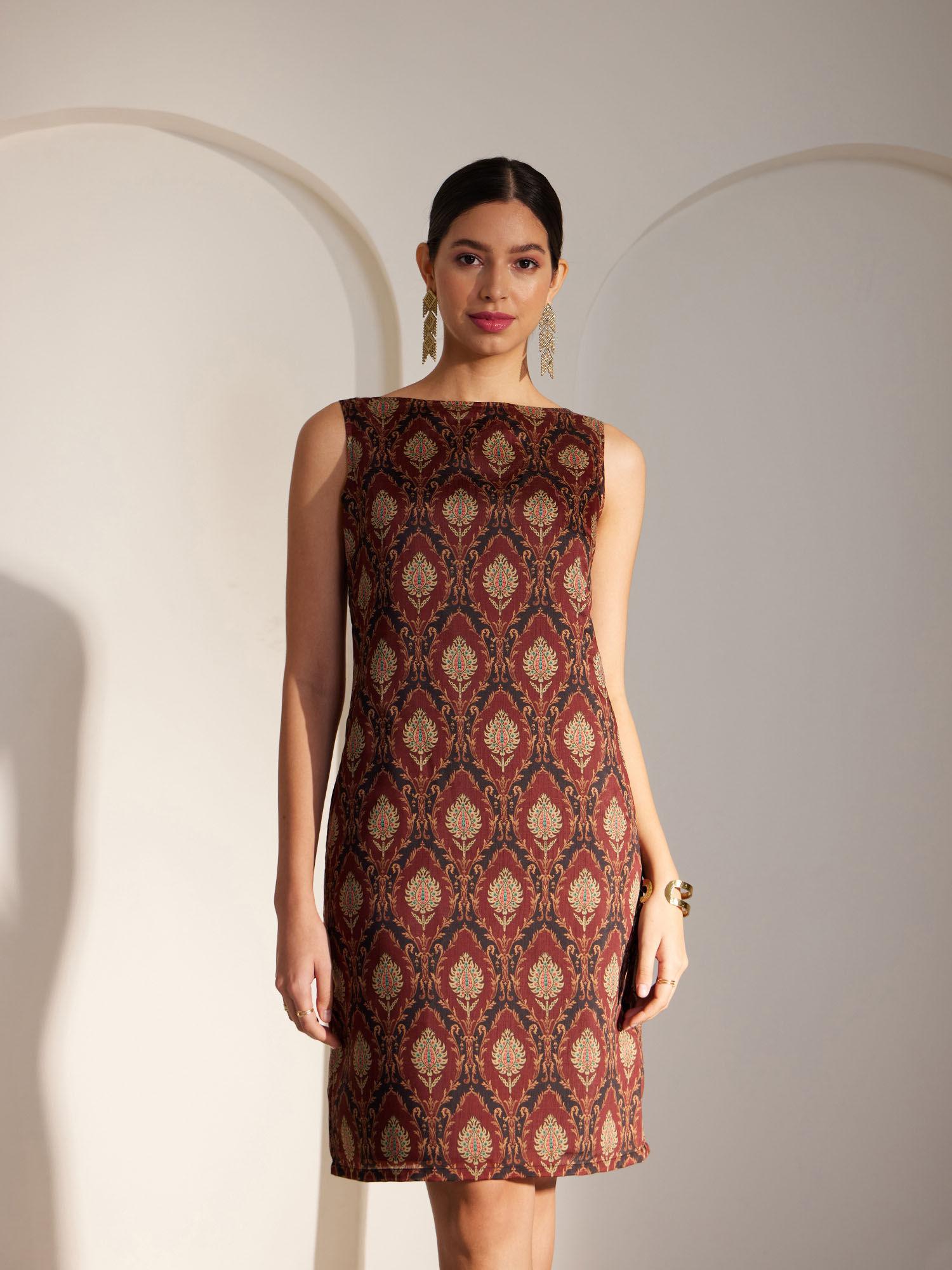 pf x fs chanderi indian motifs shift knee length dress - maroon