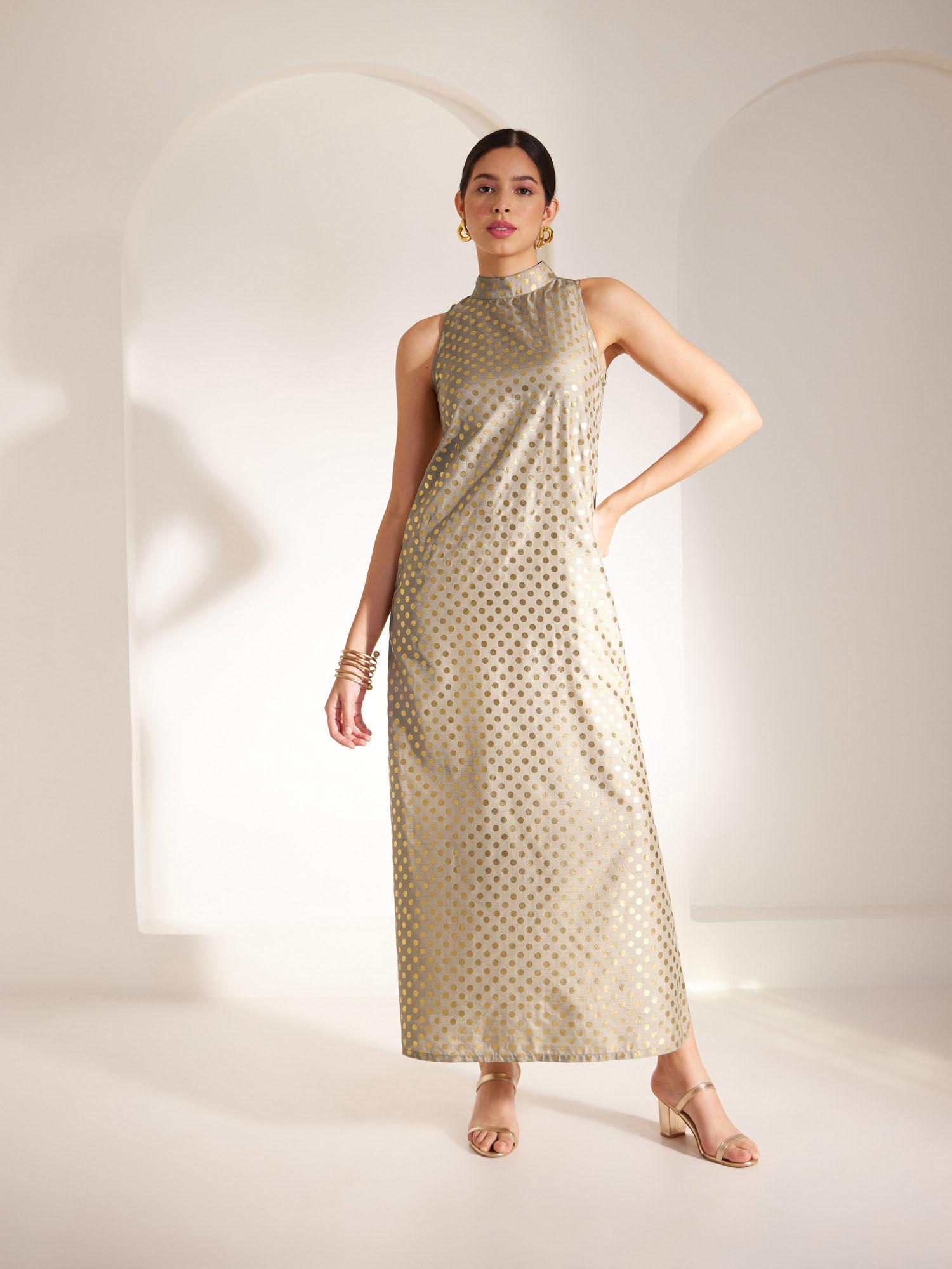 pf x fs foil polka print high neck maxi dress - beige