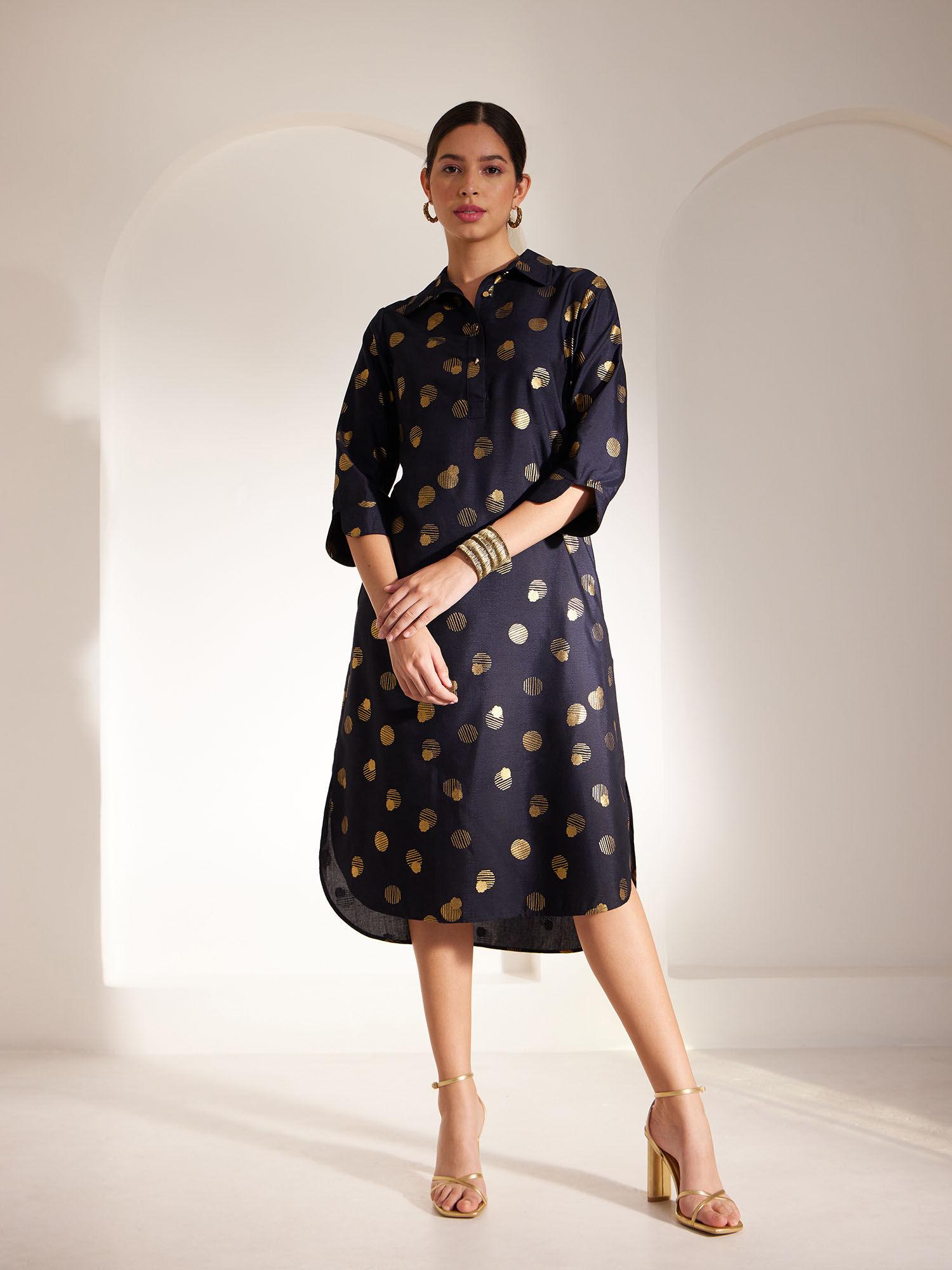 pf x fs foil print shirt collar midi dress - navy blue