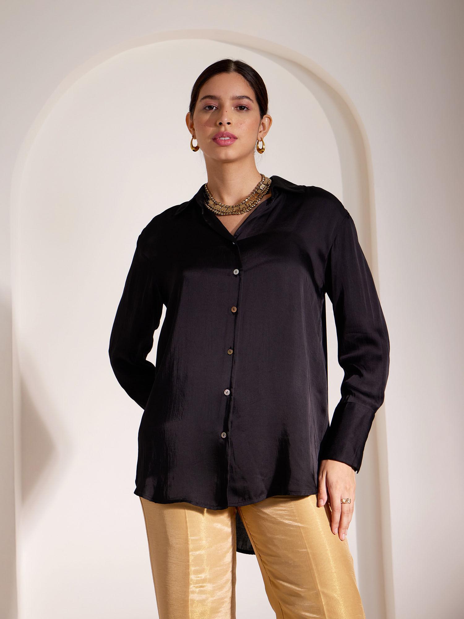 pf x fs luxe satin collared shirt - black