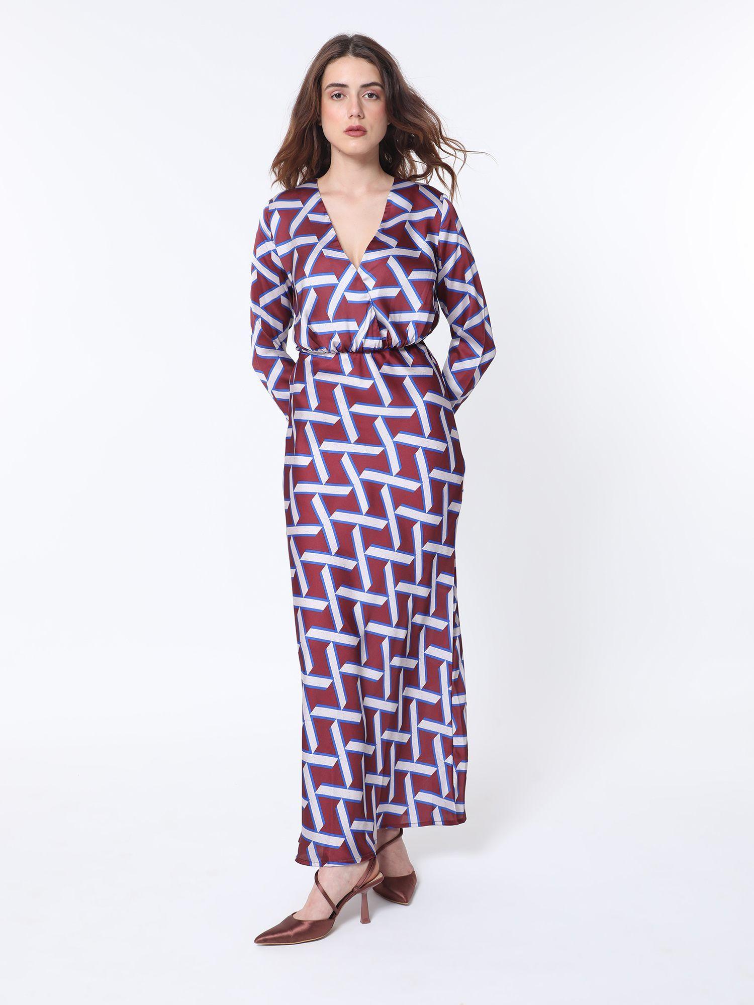 phara geometric print full sleeves dress