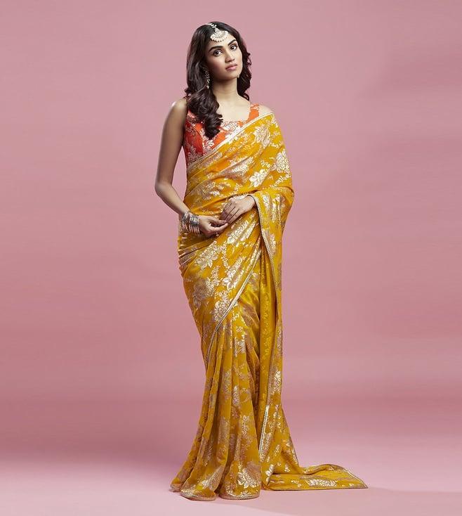 phatakaa mustard contrast barfi saree set