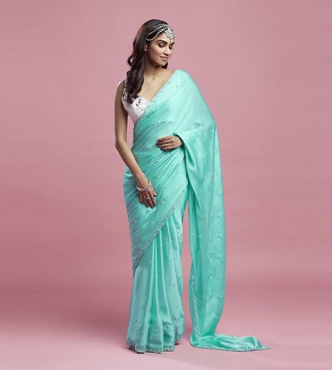 phatakaa turquoise satin saree set