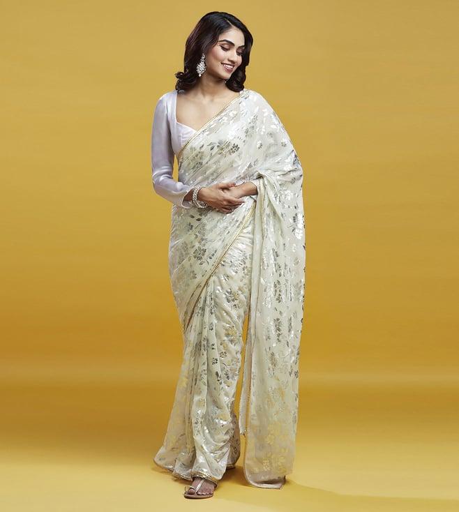 phatakaa white & silver barfi saree set