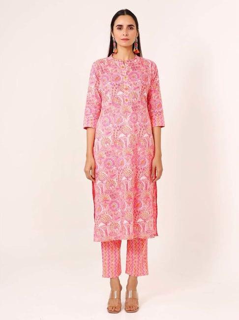 pheeta peach & pink cotton floral print kurta pant set