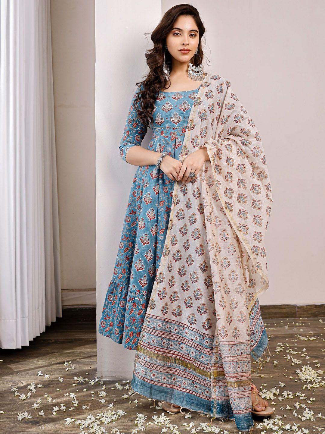 pheeta women blue floral printed panelled pure cotton kurta with trouser & with dupatta