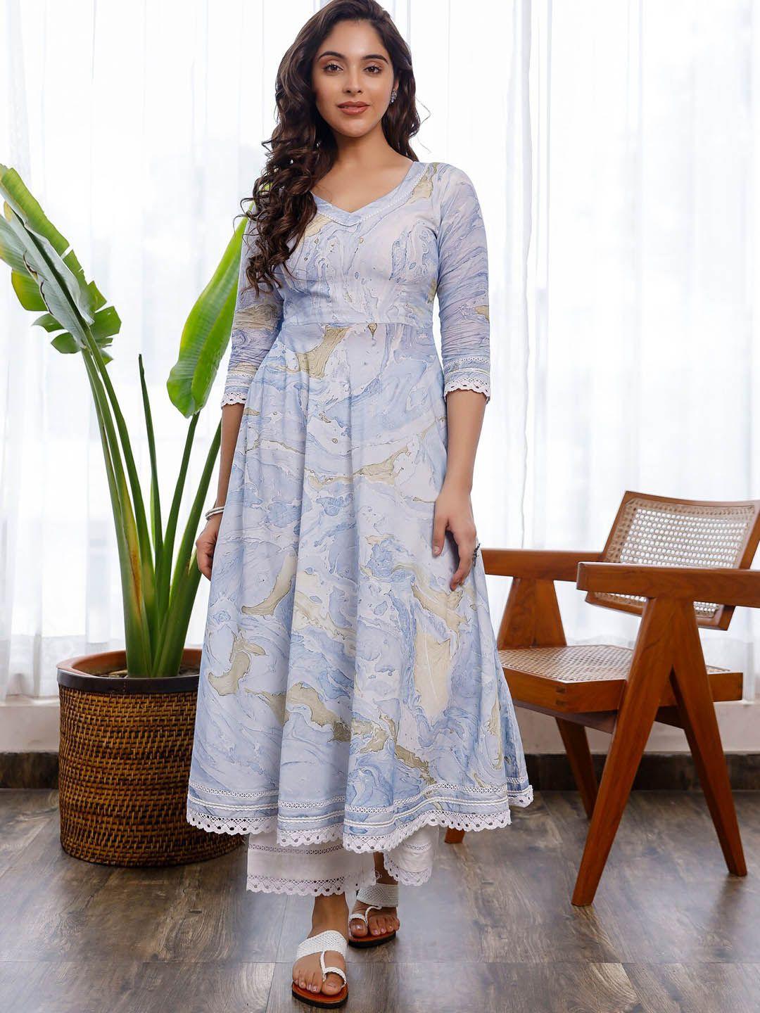 pheeta women blue printed layered pure cotton kurta with palazzos & with dupatta