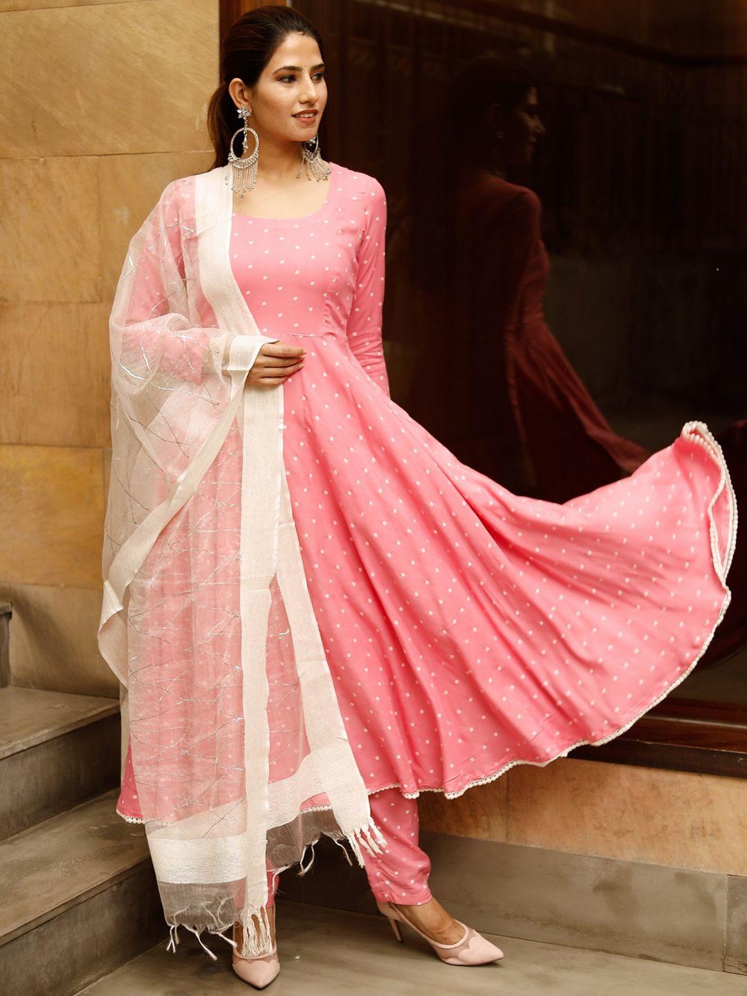 pheeta women pink printed kurta with trouser & dupatta