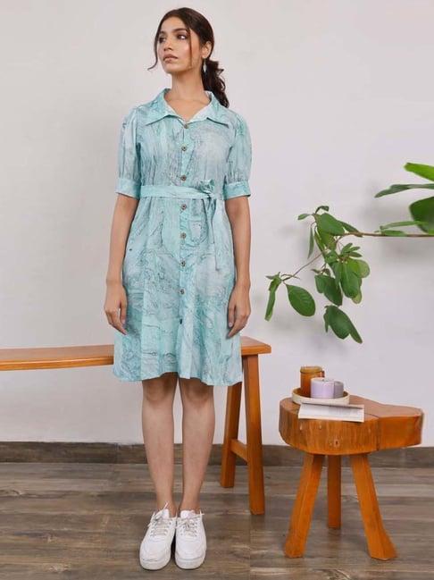 pheeta aqua blue cotton printed a-line dress