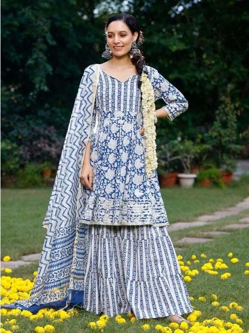 pheeta blue cotton floral print kurta sharara set with dupatta