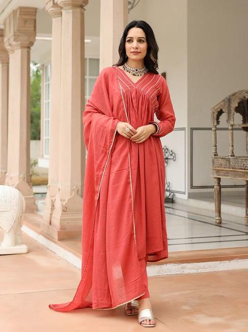 pheeta dusty red cotton kurta with pant & dupatta