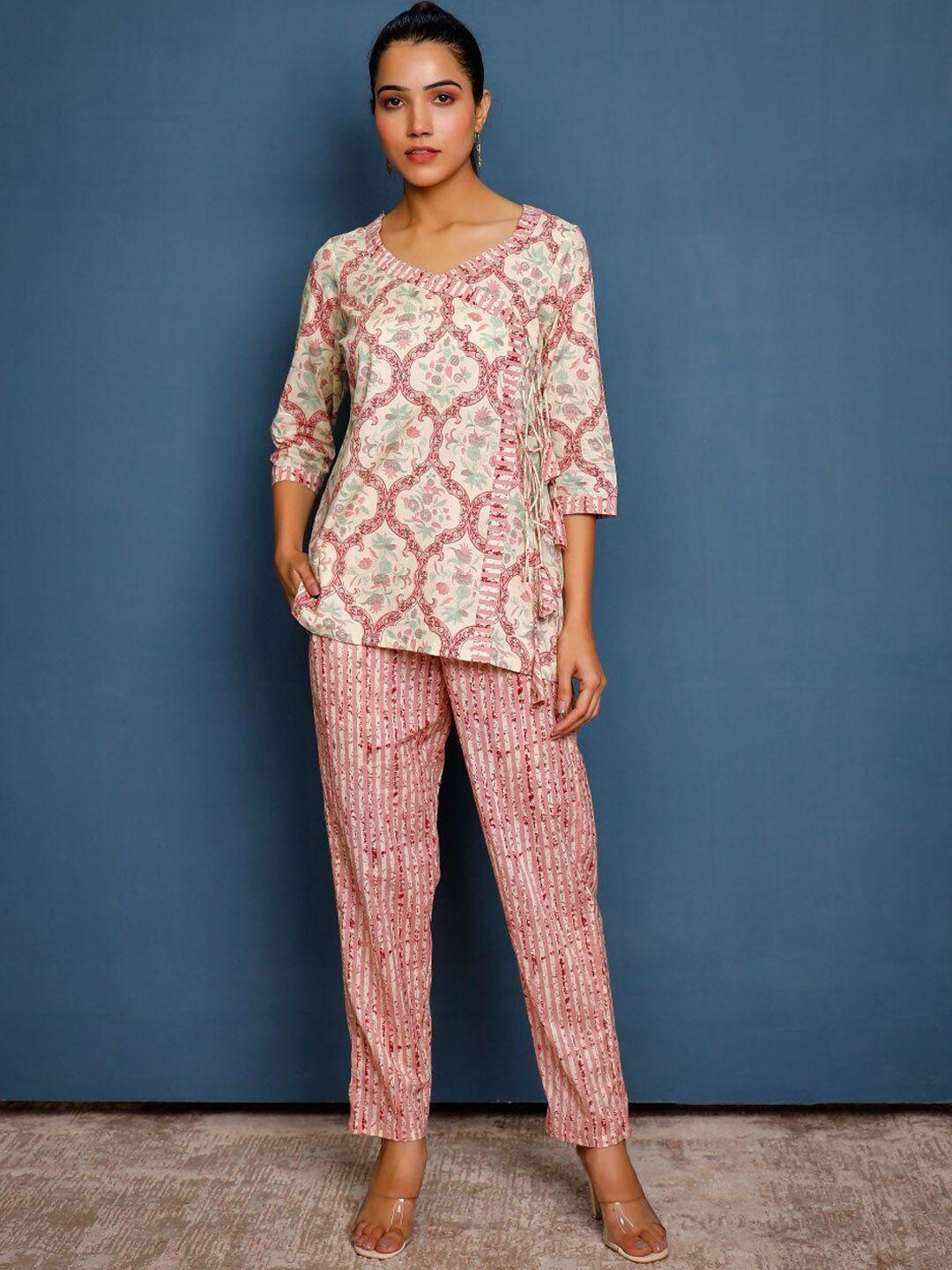 pheeta ethnic printed pure cotton top with straight trouser