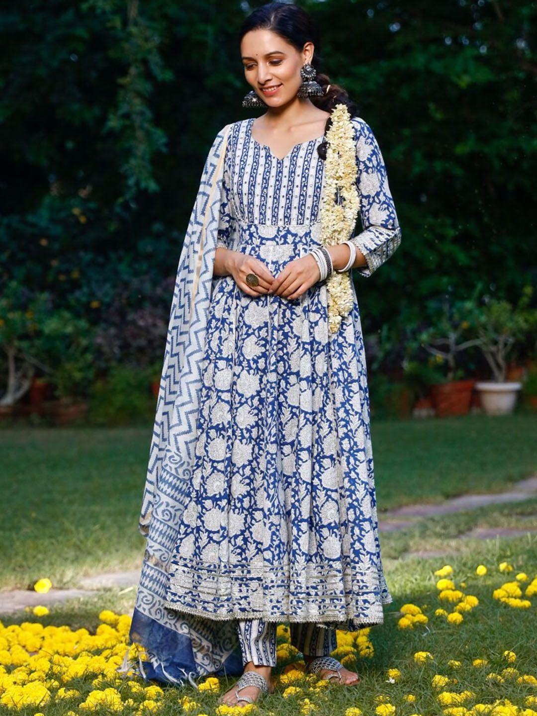 pheeta floral printed mirror work detail pure cotton kurta with trousers & dupatta