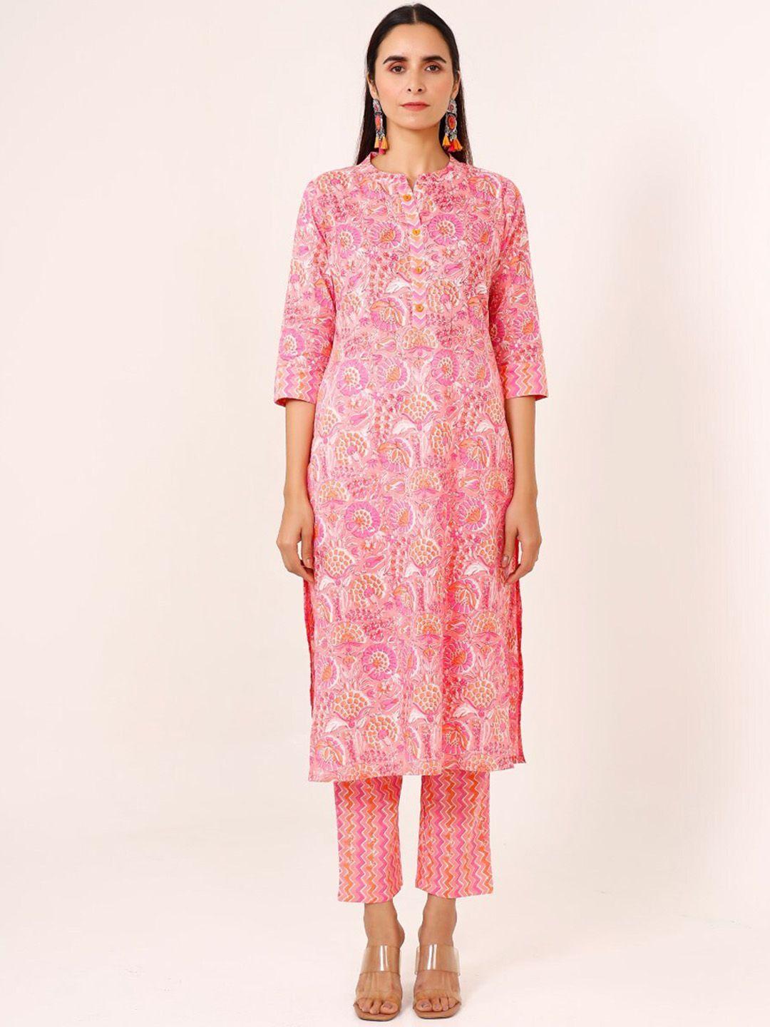 pheeta floral printed pure cotton straight kurta with trousers
