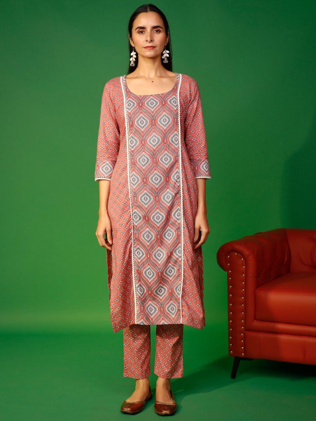 pheeta floral printed square neck pure cotton kurta with trousers