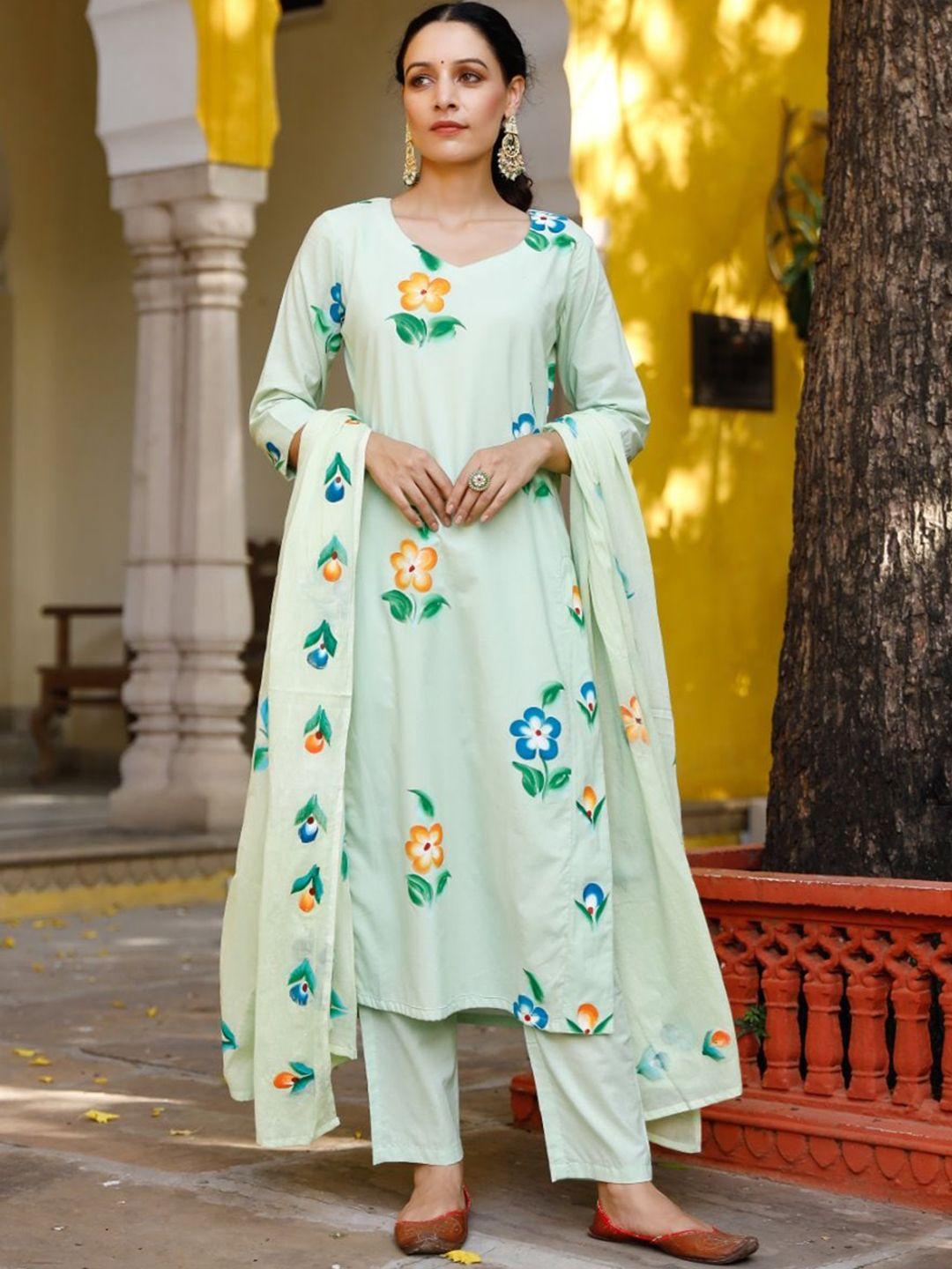 pheeta floral printed straight pure cotton kurta & trousers with dupatta
