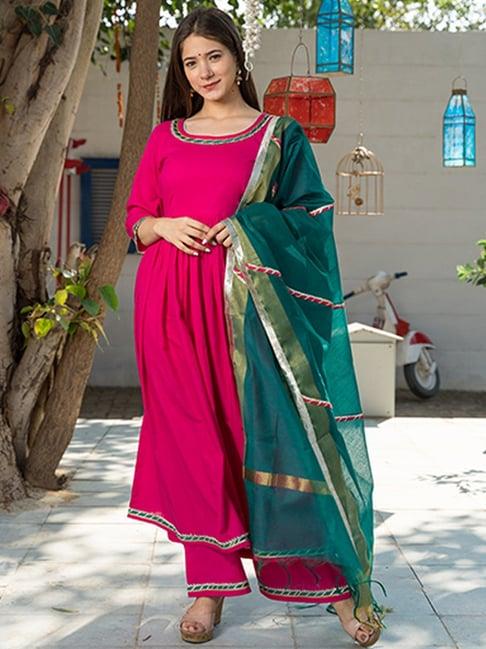 pheeta pink cotton a line kurta with dupatta