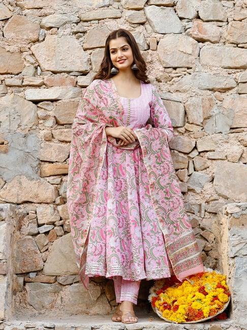 pheeta pink cotton floral print flared kurta with dupatta