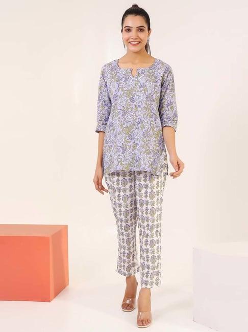 pheeta purple cotton floral print kurti pyjama set