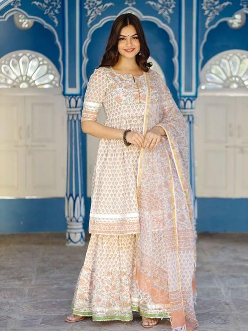 pheeta white cotton floral print kurta sharara set with dupatta