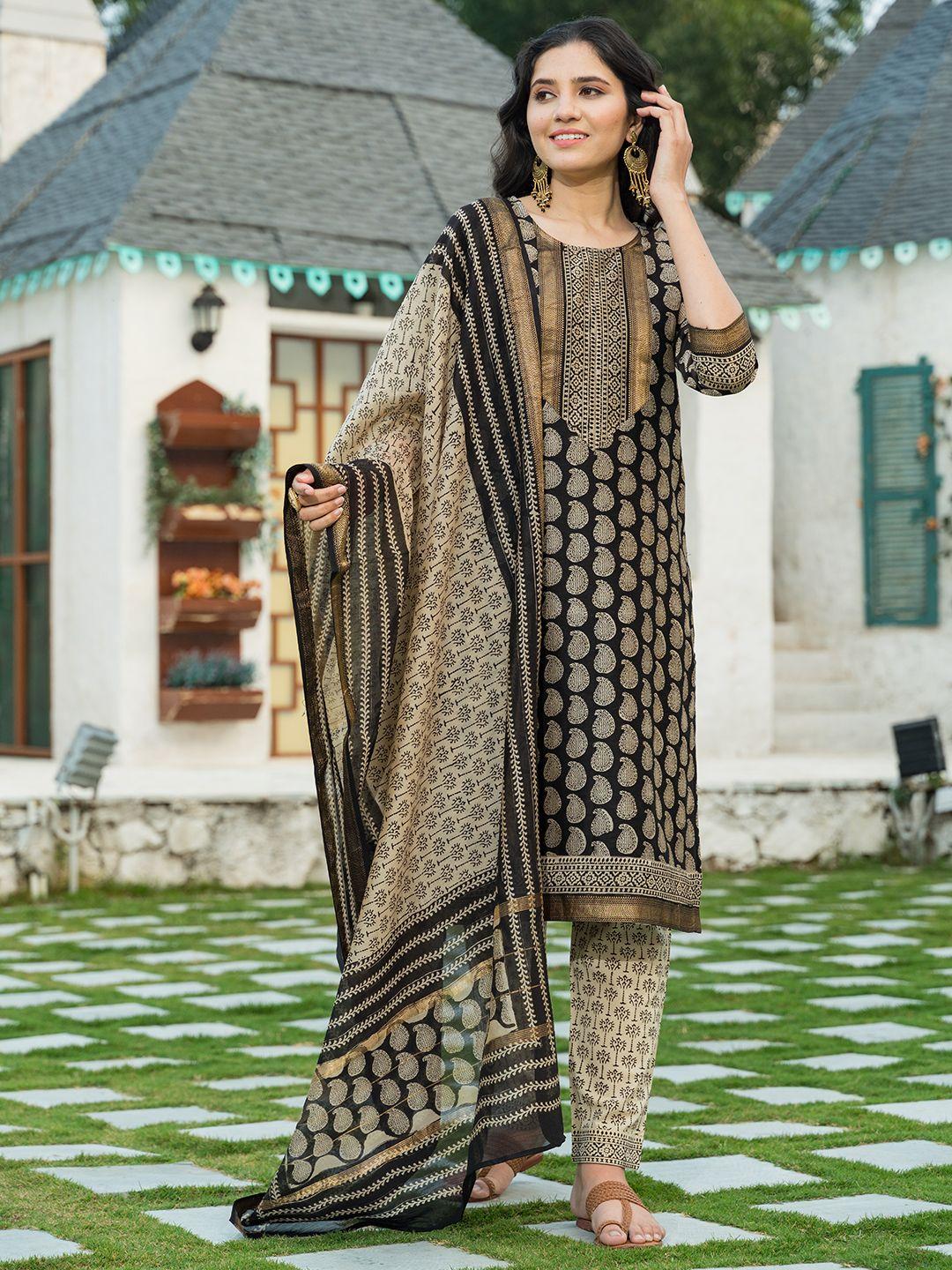 pheeta women black paisley printed chanderi cotton kurta with trousers & with dupatta