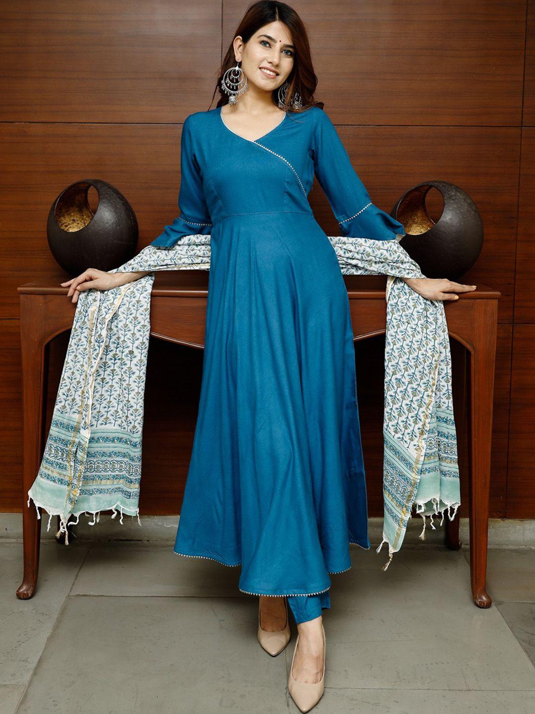 pheeta women blue angrakha kurta with trousers & with dupatta