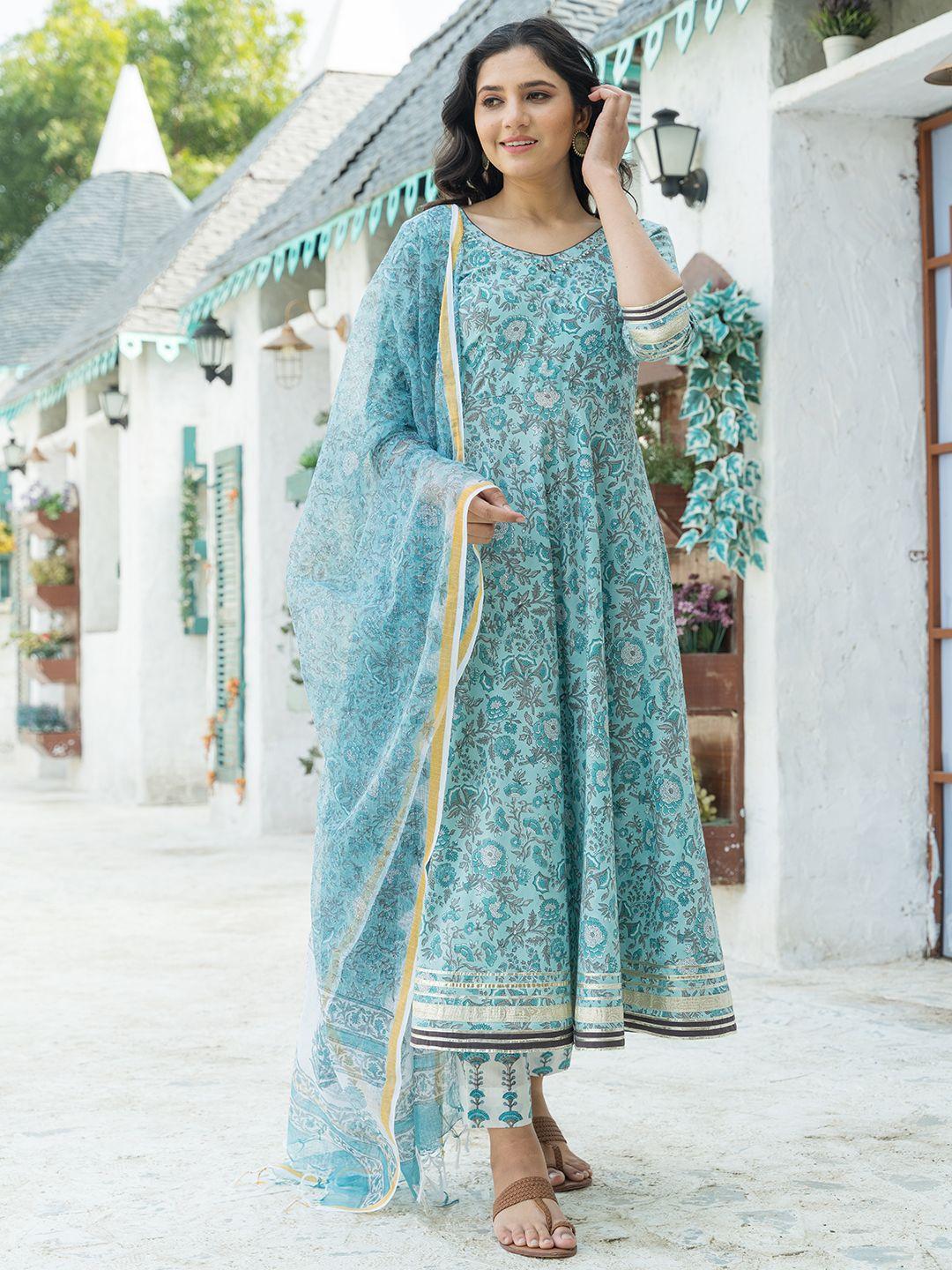 pheeta women blue floral printed gotta patti pure cotton kurta with trousers & with dupatta