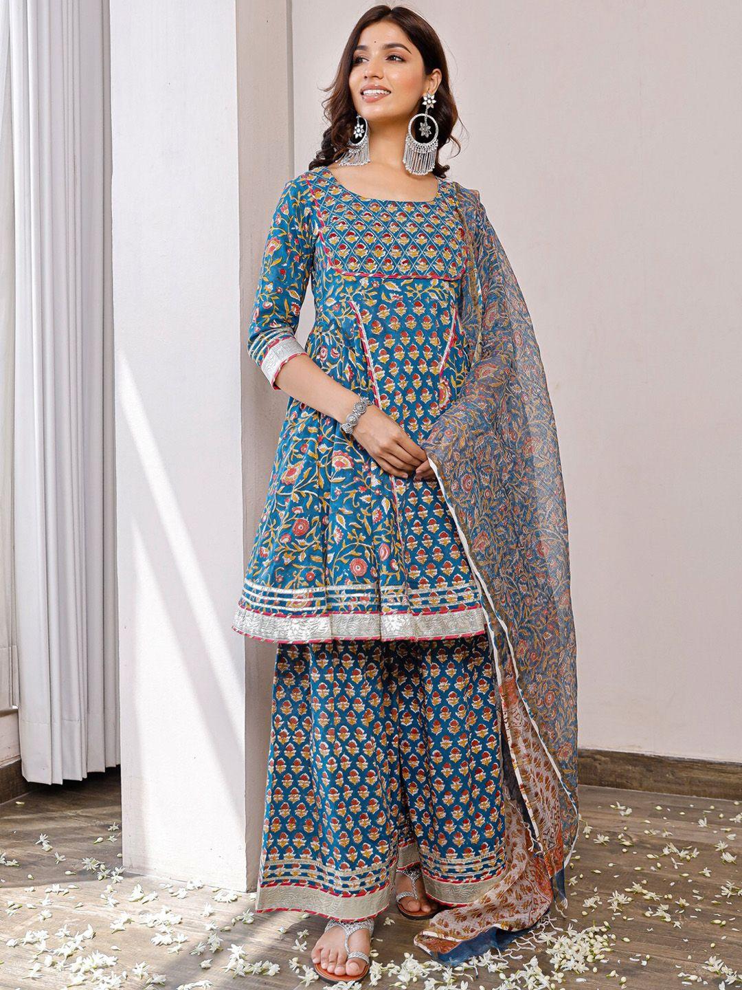 pheeta women blue floral printed layered pure cotton kurta with palazzo & with dupatta