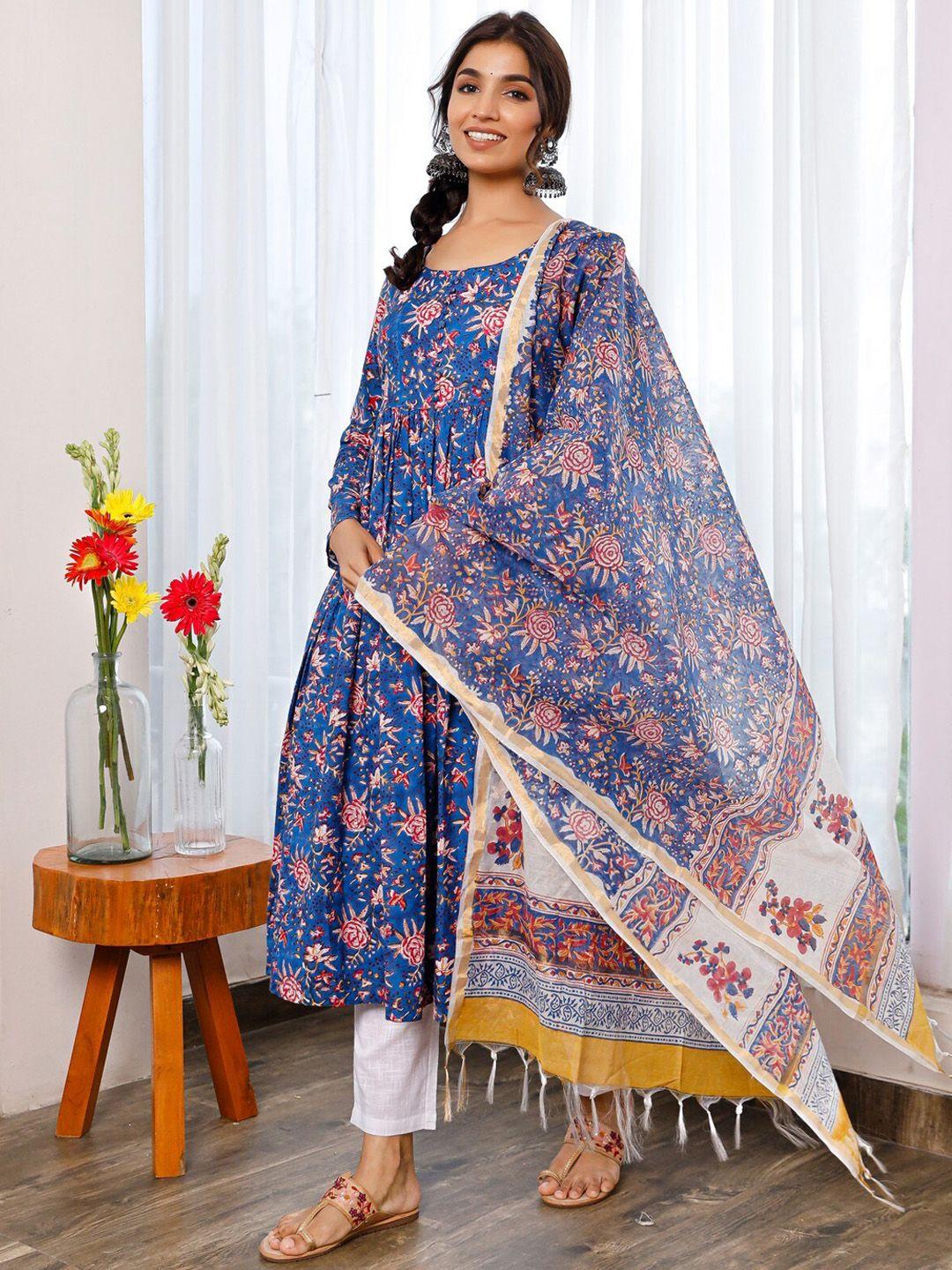 pheeta women blue floral printed pleated pure cotton kurta with trousers & dupatta