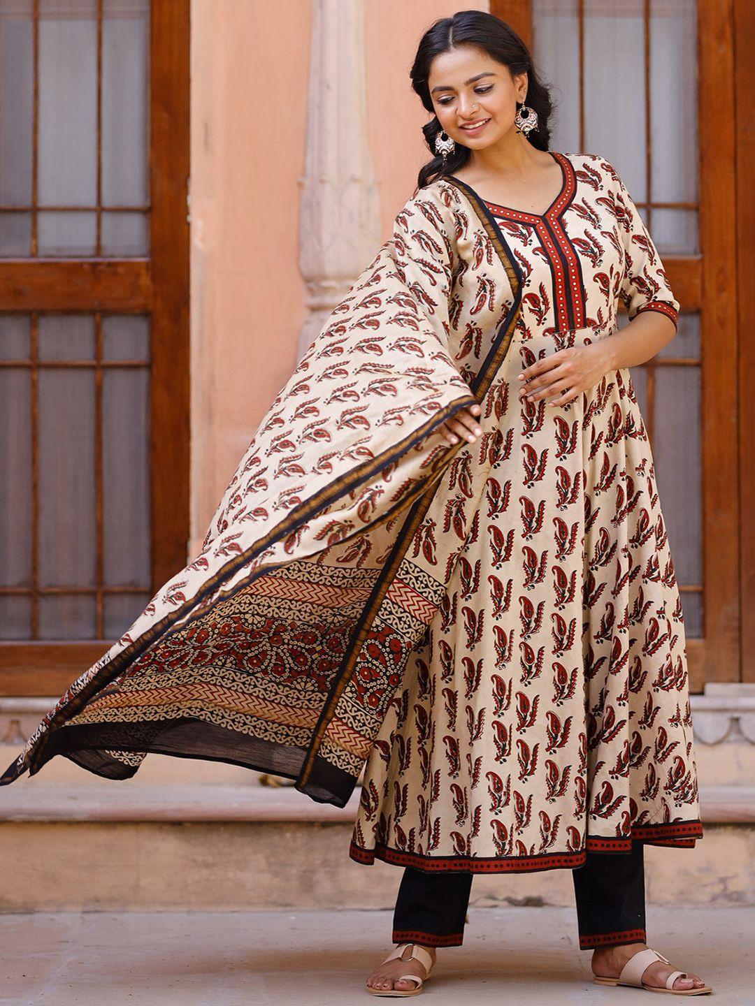 pheeta women cream & red printed empire pure cotton kurta with trouser & dupatta