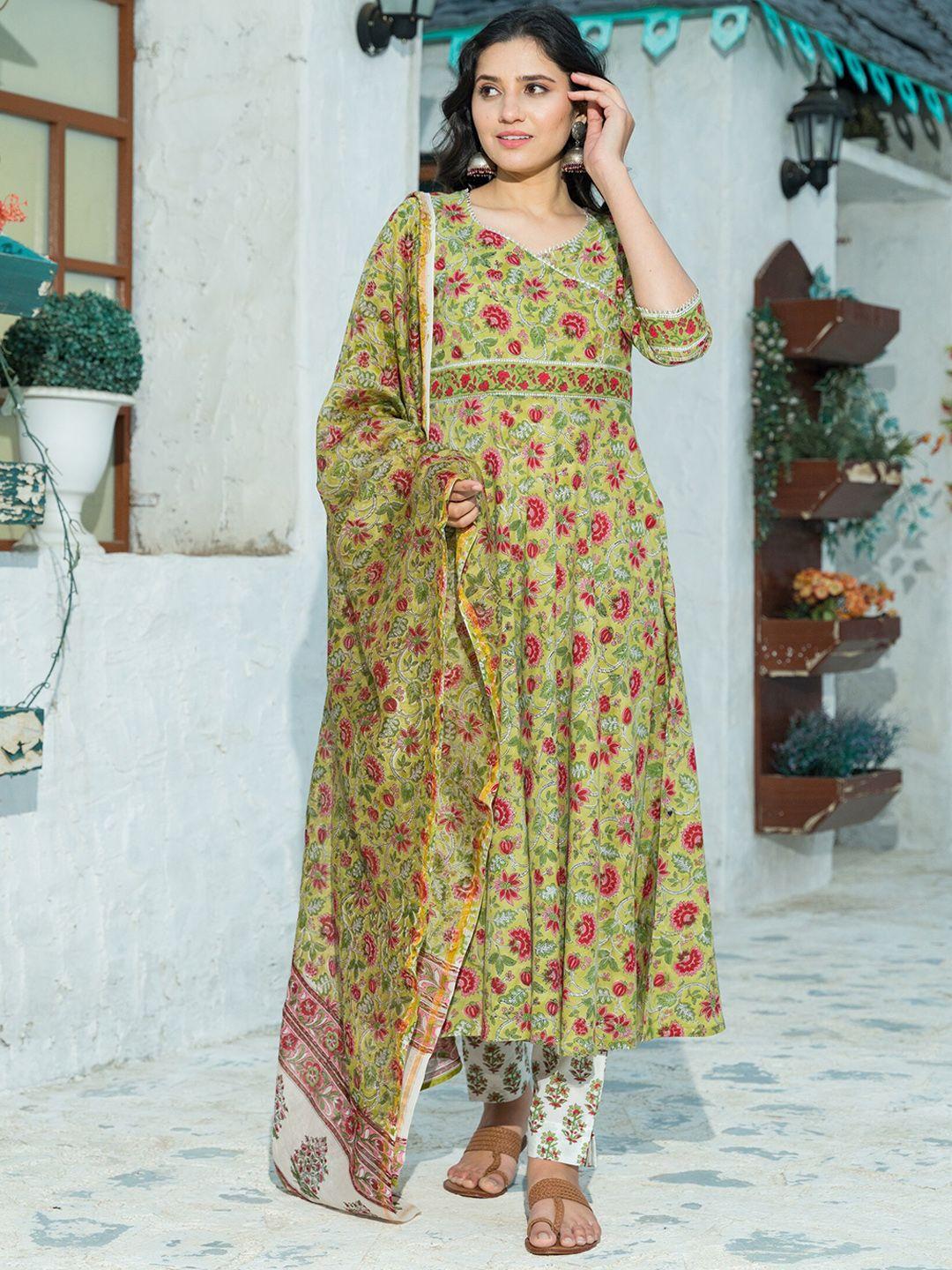 pheeta women green floral printed pure cotton kurta with trousers & with dupatta