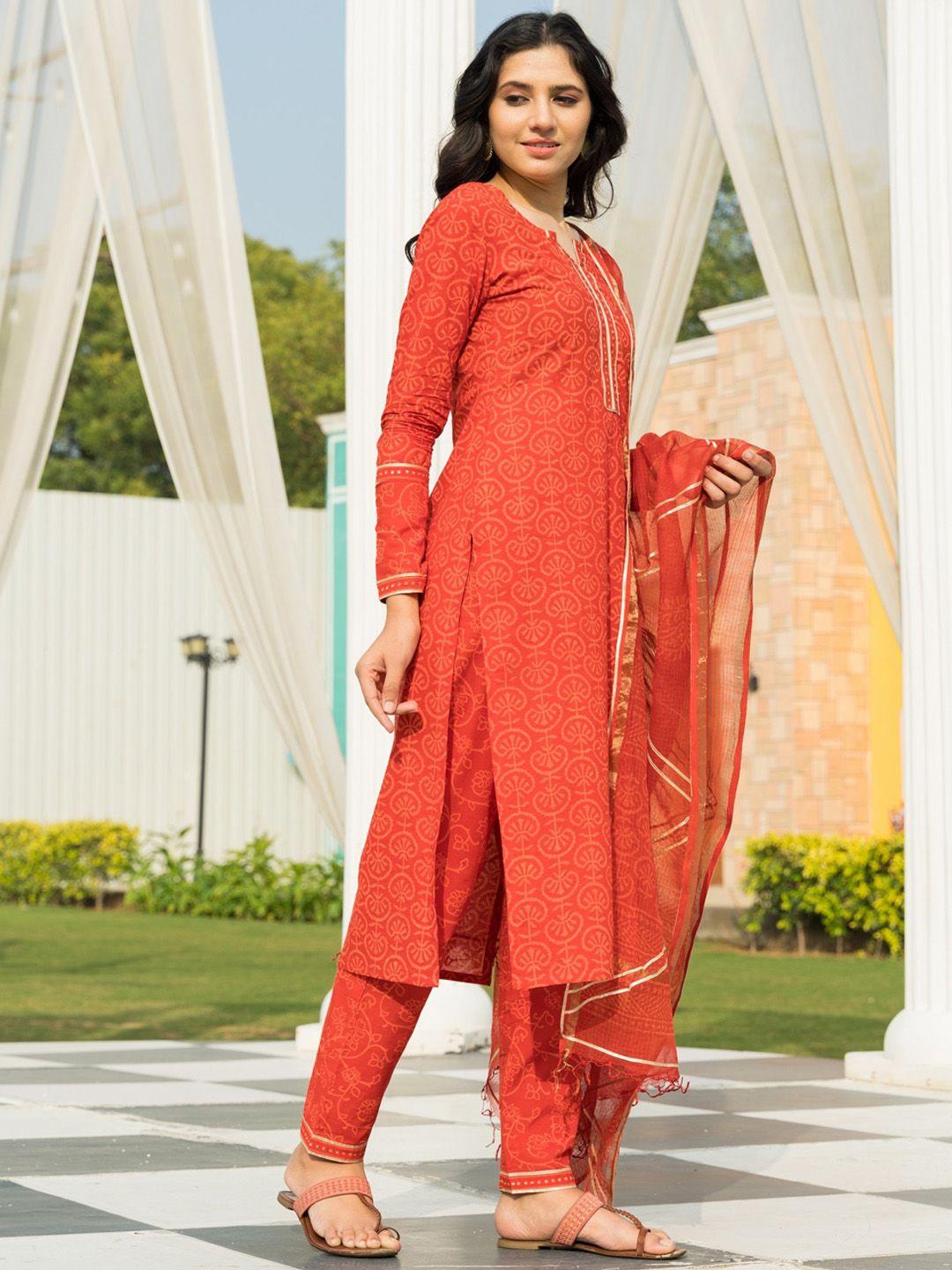 pheeta women orange ethnic motifs printed pure cotton kurta with trousers & with dupatta