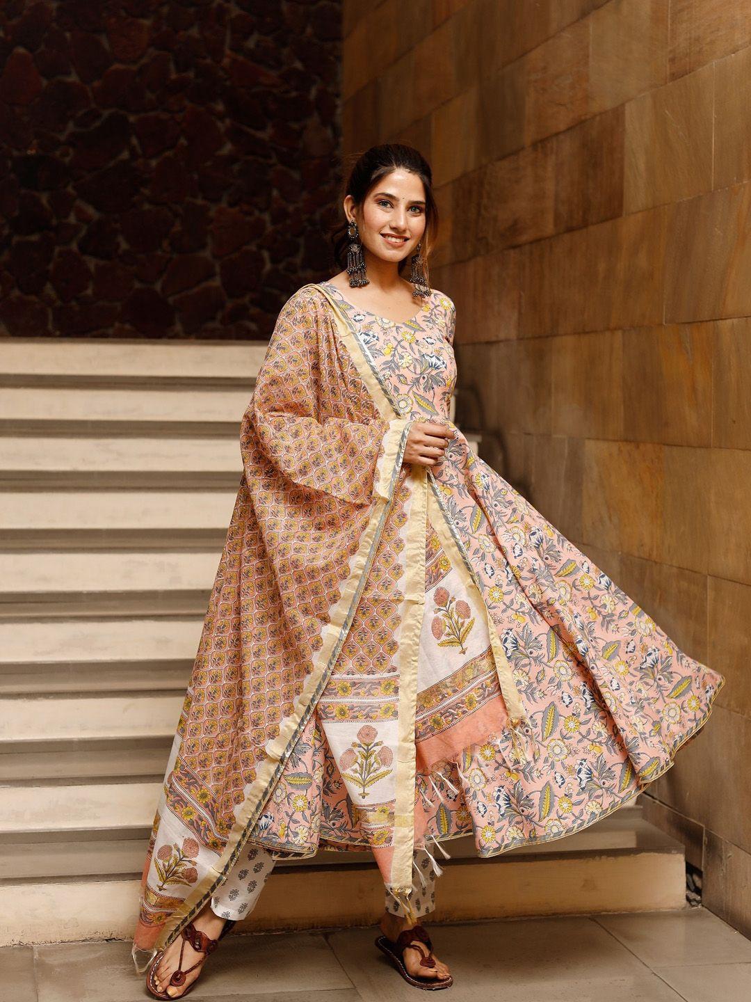 pheeta women peach-coloured floral printed empire gotta patti pure cotton kurta with trousers & with dupatta