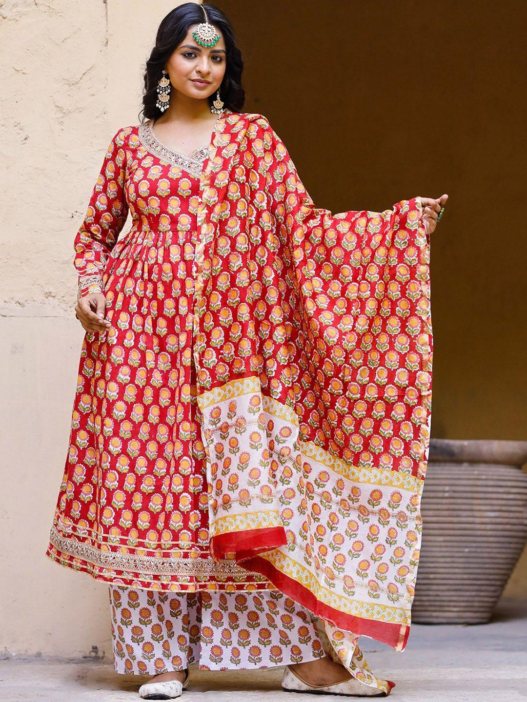 pheeta women red floral printed angrakha pure cotton kurta with palazzos & dupatta
