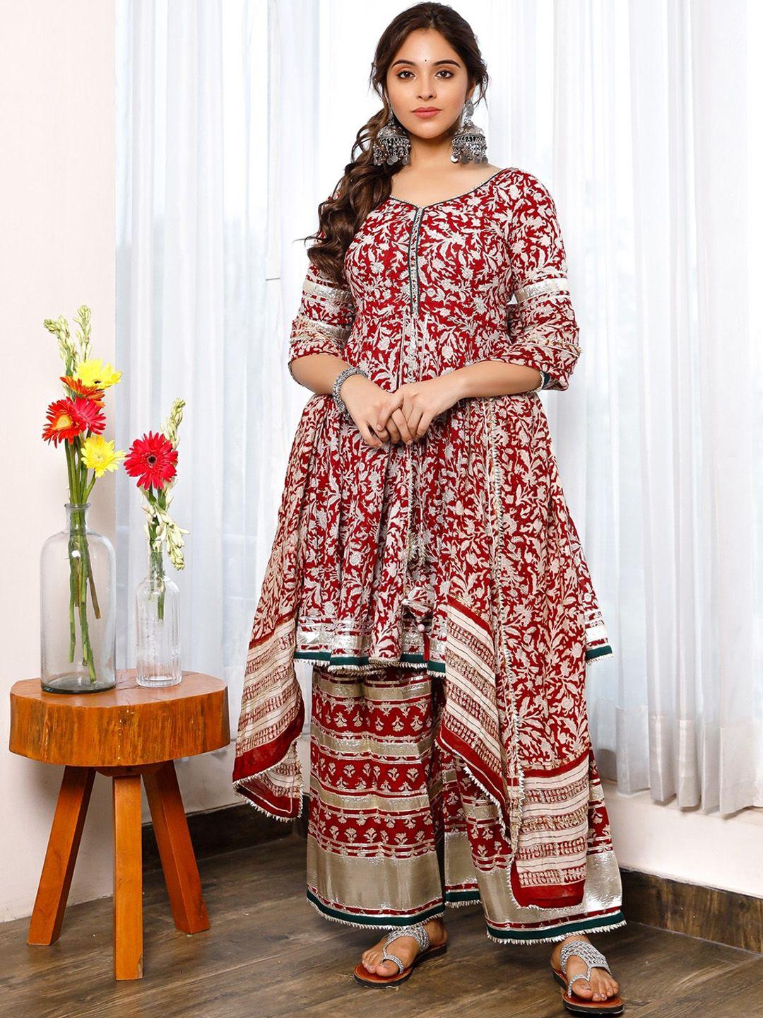 pheeta women red floral printed pleated pure cotton kurta with palazzos & with dupatta