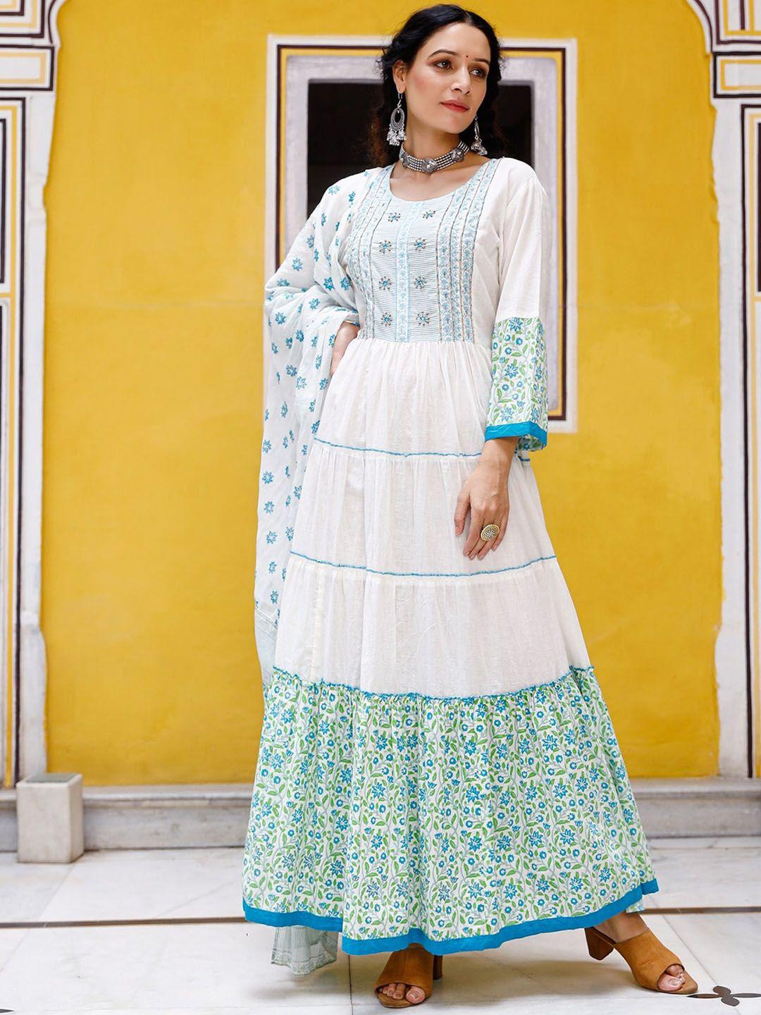 pheeta women white & blue printed cotton anarkali kurta with dupatta